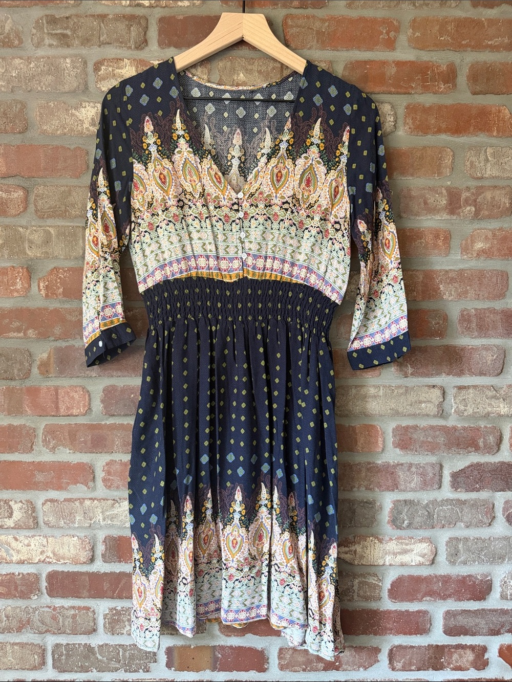 Boho Printed V-Neck 3/4 Sleeve Smocked Waist Short Dress